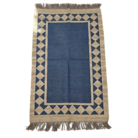 Handmade Blue And Beige Jute Vintage Dhurrie For Living Room
